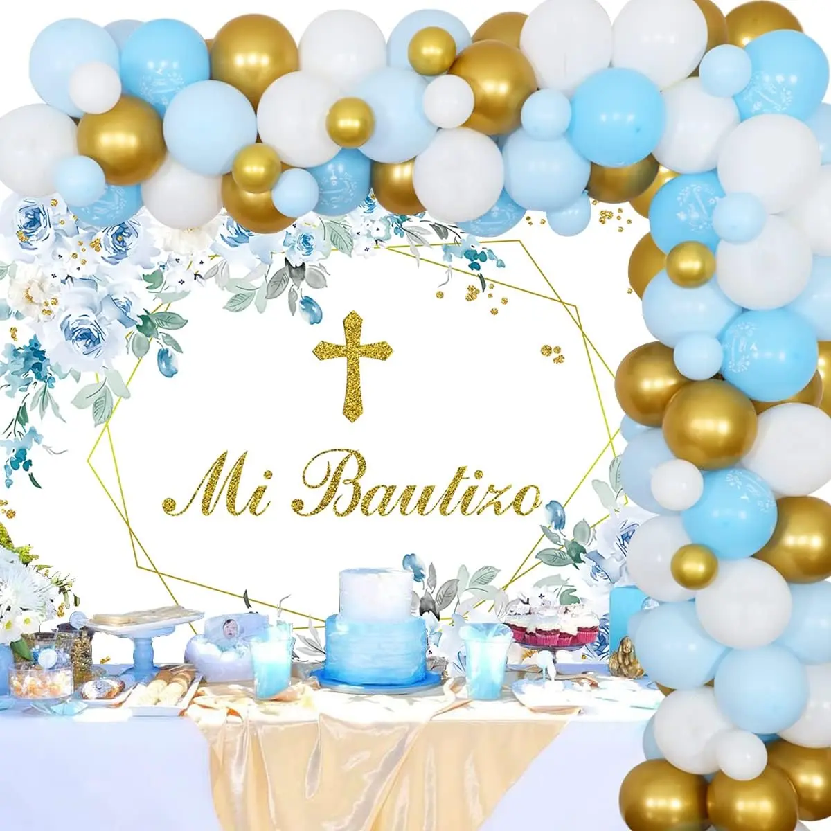 Baptism First Holy Communion Party Decor Banner Balloon Garland Arch Kit| Blue Mi Bautizo Backdrop for Boy Shower God Bless Christening Confirmation Religious Party Supplies