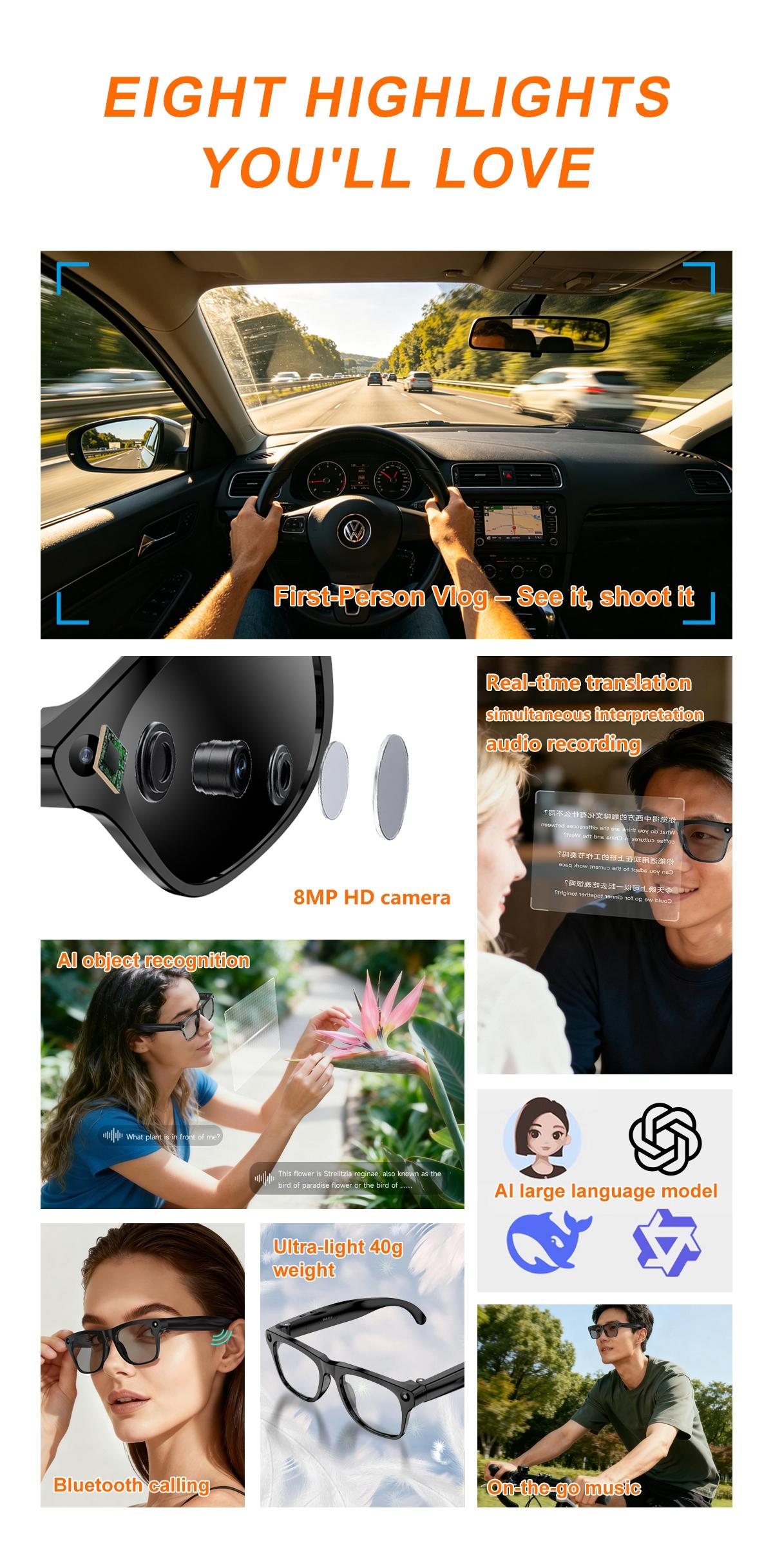 Smart Glasses with Camera for Sport,8MP Camera,One Click Audio Recording,First-Person Photo Video Shooting,Bluetooth Calling & Music Playback,AI Smart Translation and Simultaneous Interpretation ,WiFi Transfer, 290Mah Battery ,3Lenses Total