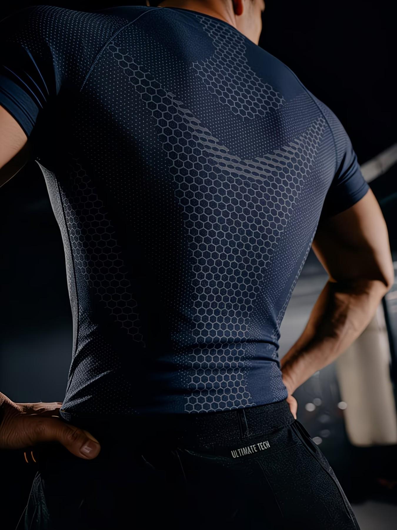 Men's Honeycomb Patchwork Quick-Dry Fitted T-Shirt, Stretch Breathable Wrinkle-Resistant, Boxing Running Fitness Daily Wear