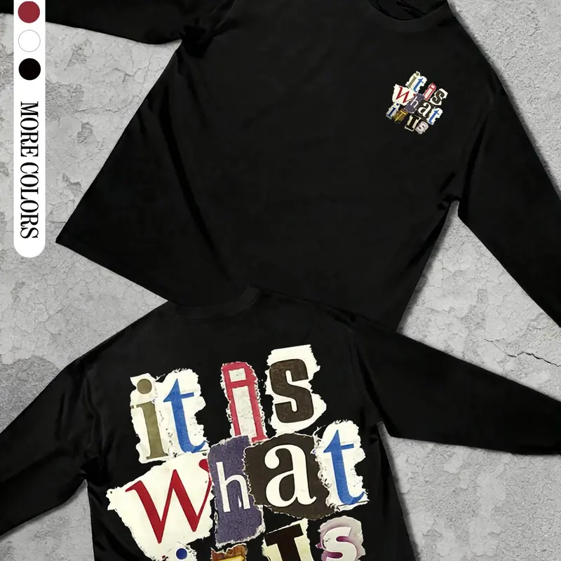 Men's Letter Print Long Sleeve T-Shirt, Letter Graphic Tee, Casual Fashion Comfortable Simple Pure Color, Vintage Style All Seasons