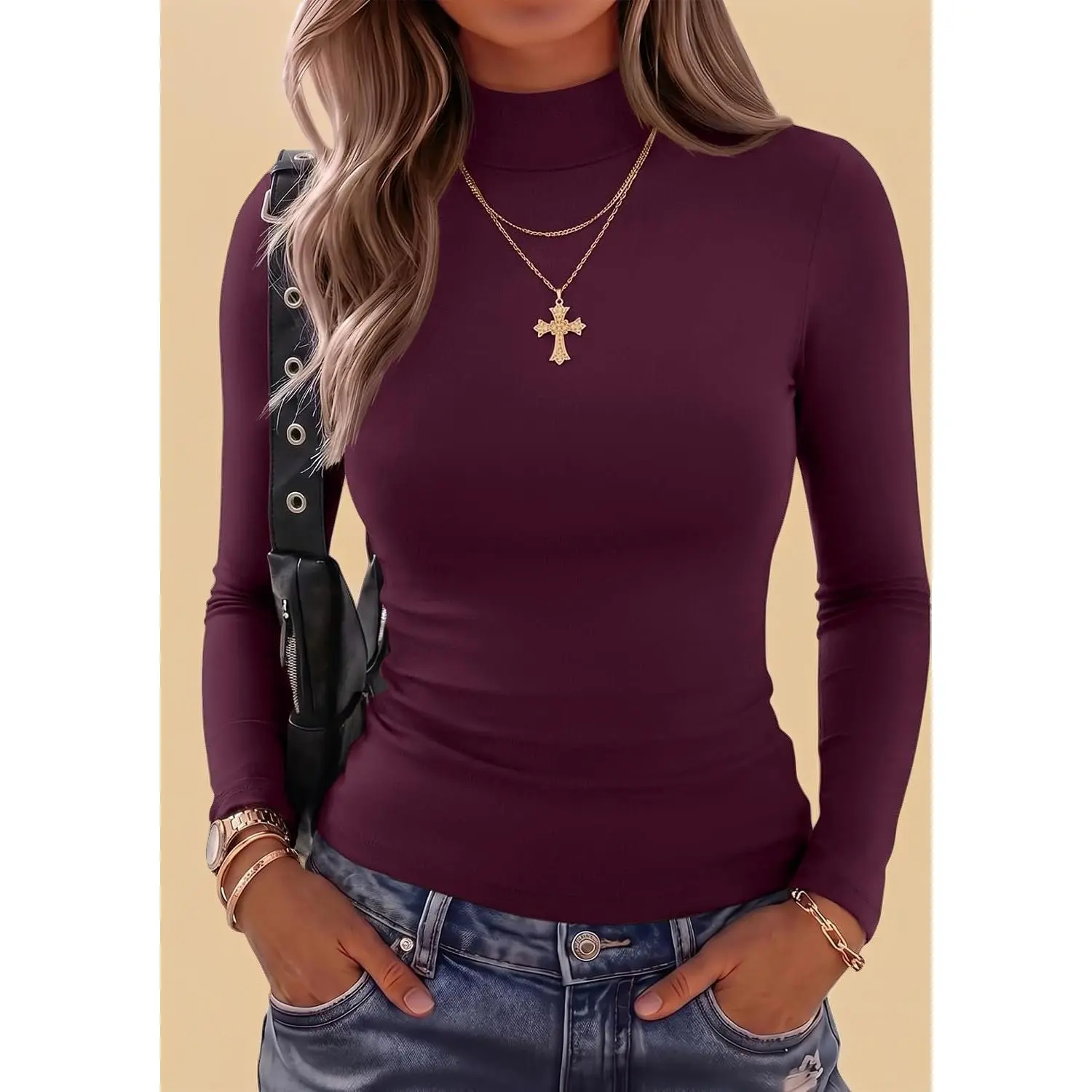 Women's Mock Turtleneck Long Sleeve Shirts, Fall Basic Solid Layering Tops