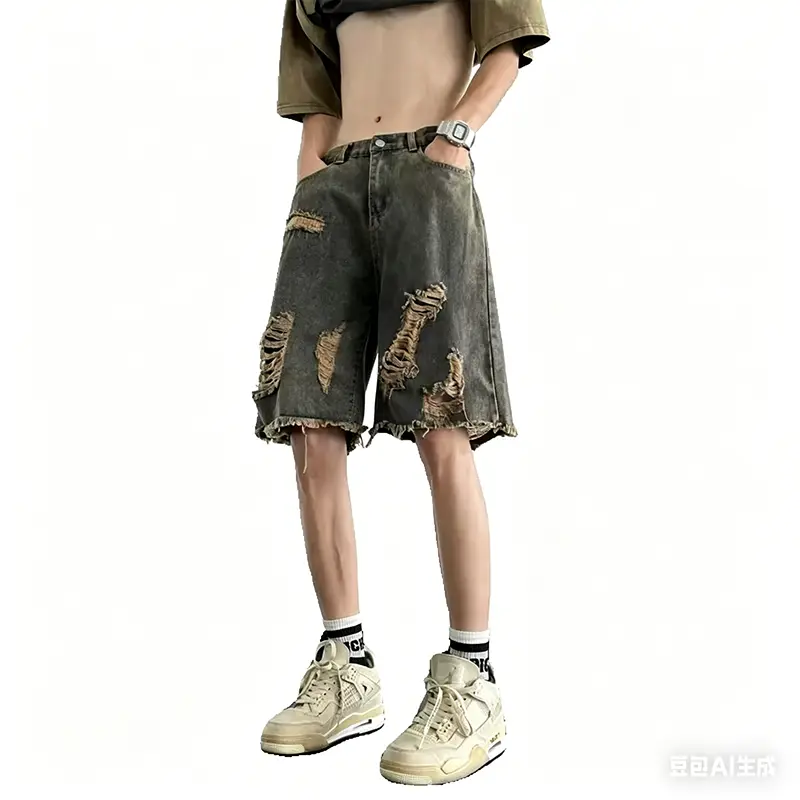 Z376 Men's denim shorts, trendy high street style, distressed, ripped, frayed edges, loose fit, 5-point mid-length pants