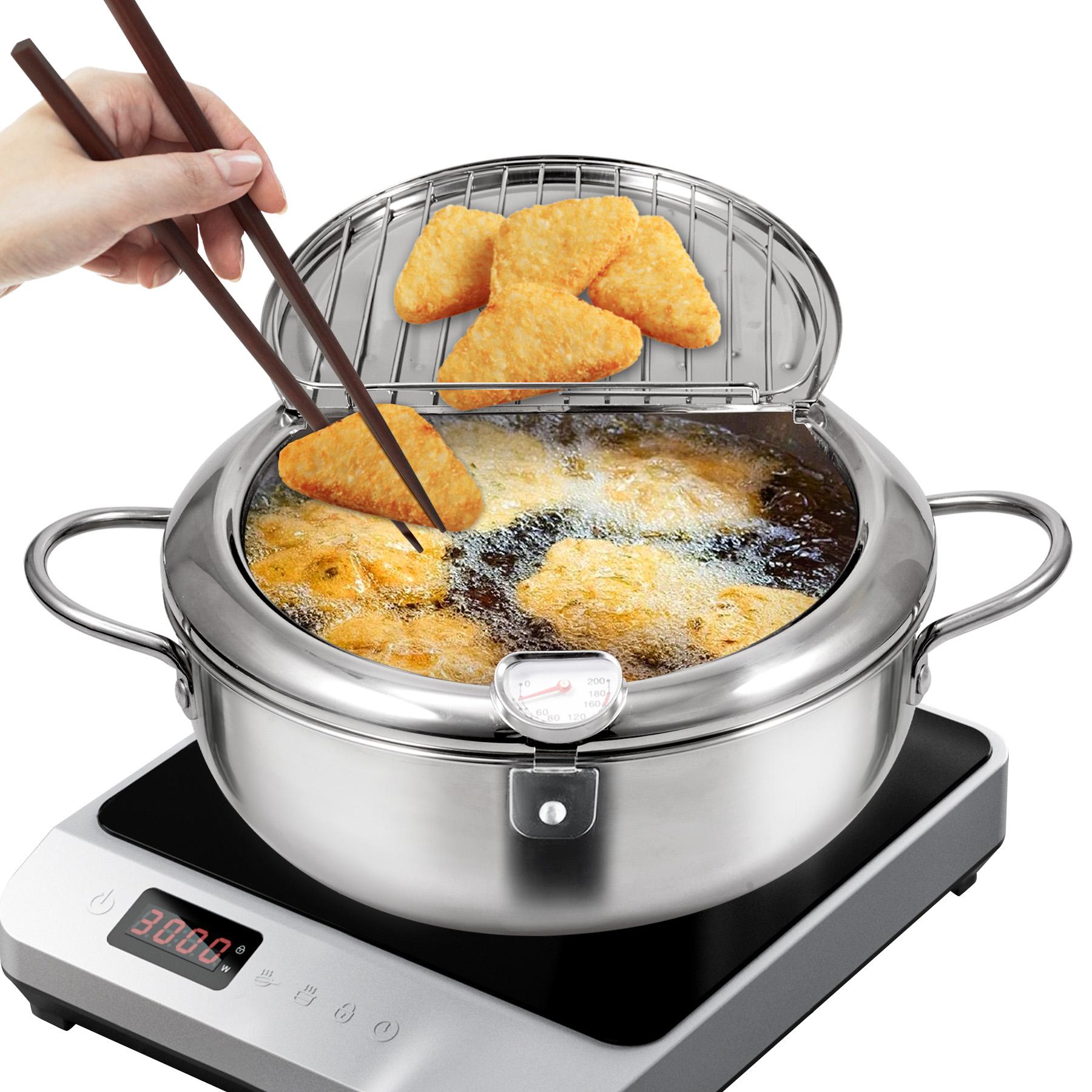 Deep Fryer Pot, LARGE Janpanese Style Tempura Frying Pot with Lid, 304 Stainless Steel with Temperature Control and Oil Drip Drainer Rack, for Kitchen French Fries, Chicken etc