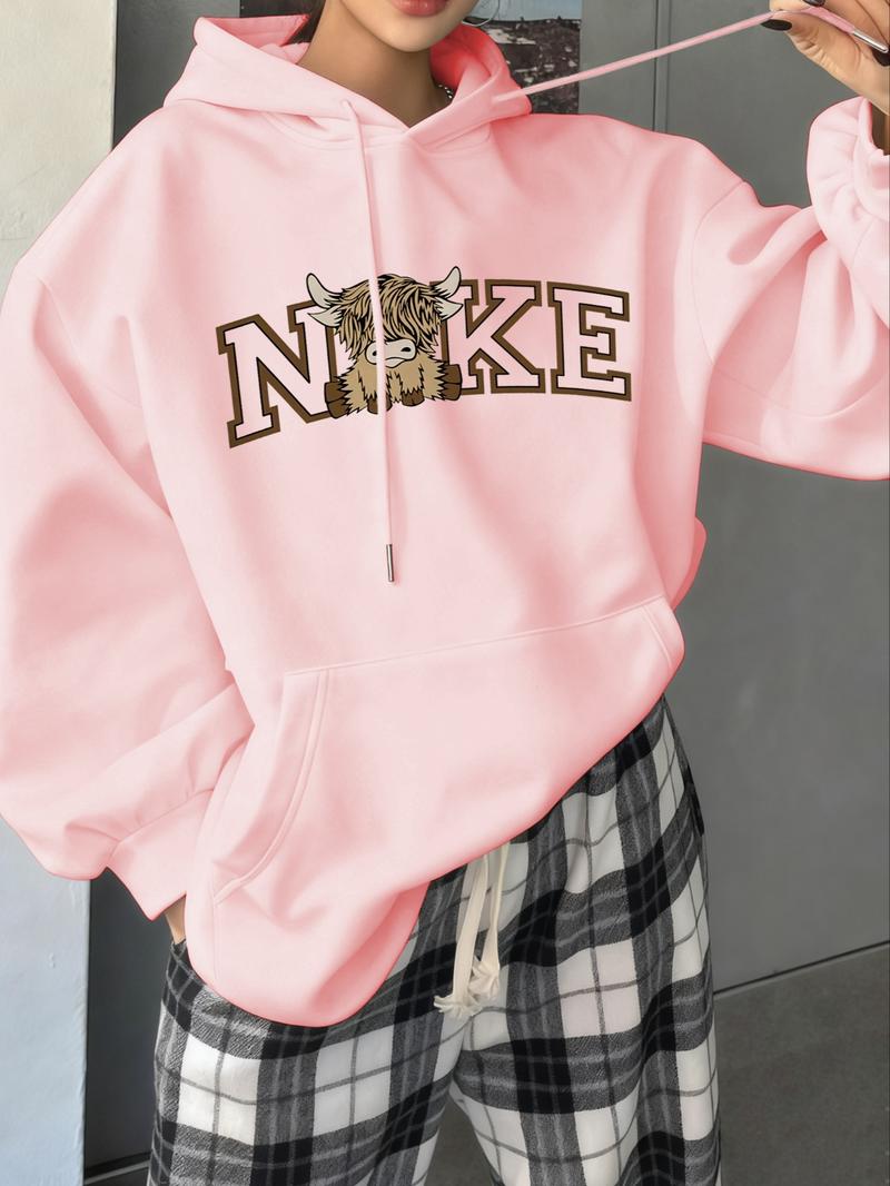 Women's Drawstring Hoodie with Highland Cow & Letter Print, Loose Fit Long Sleeve Casual Top for Fall & Winter