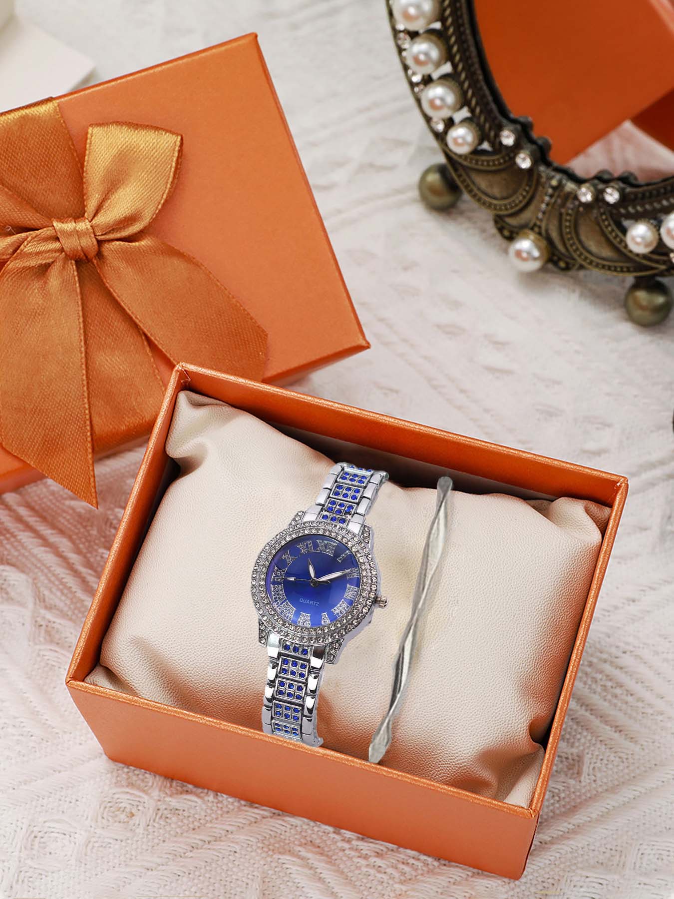 2-piece set of minimalist, fully diamond-encrusted, niche ladies' quartz watch fashion versatile bracelet watch trendy student wristwatch set