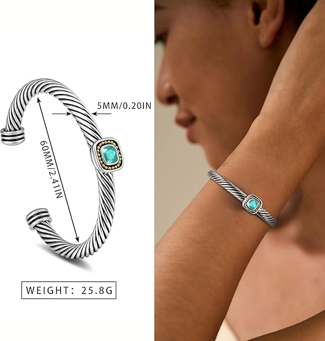 Aprilery Twisted Cable Wire Rings Bracelet & Earring – Vintage Blue Zirconia Statement Ring Bracelet & Earring Set for Women