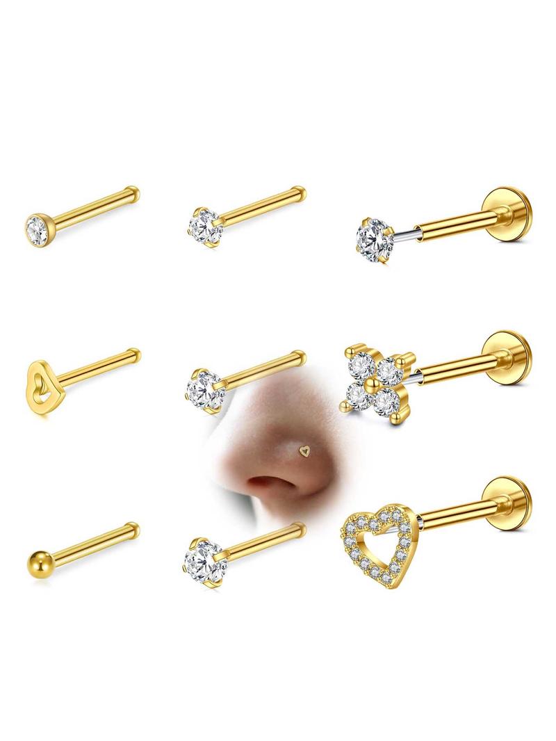 18g Threadless Nose Studs CZ Nose Rings For Women Labret Studs Push In Flat Back Stud Earrings Nose Nostril Tragus Helix Piercing Jewelry