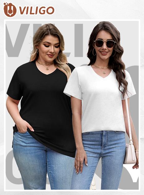 VILIGO Casual V-Neck Plain Tees – Set of 4, Assorted Colors, Flat Hem Soft and Comfortable Womenswear womens basic shirts Summer Top Minimalist Shortsleeve Plus Size Outfits Tshirt Vneck Streetwear