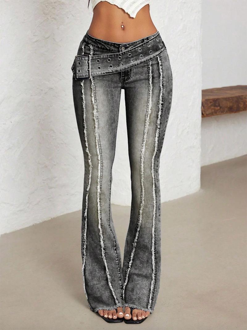 Women's Low Waist Bell-Bottom Jeans With Big Sun Logo Button And Eyelets Big Belt，Bootcut Jeans,Comfortable Stretch Denim Jeans，Patchwork Fringe Washed Vintage Long Pants, Casual Denim Trousers for Everyday Wear