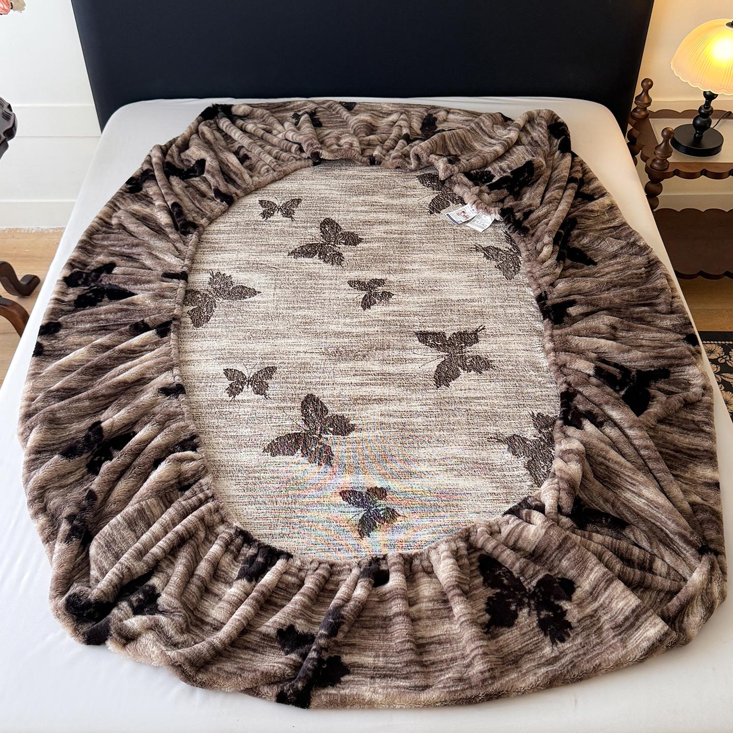 Faux Rabbit Fur Leopard, Tiger & Butterfly Fitted Sheet 3-Piece Set – Luxurious, Soft & Warm Solid Color Bedding, Premium Set (Includes 1 Fitted Sheet + 1/2 Pillowcases), All-Season, Bed Sheets, Perfect for Bedroom, Dorm, Sofa, Cozy Christmas Gift