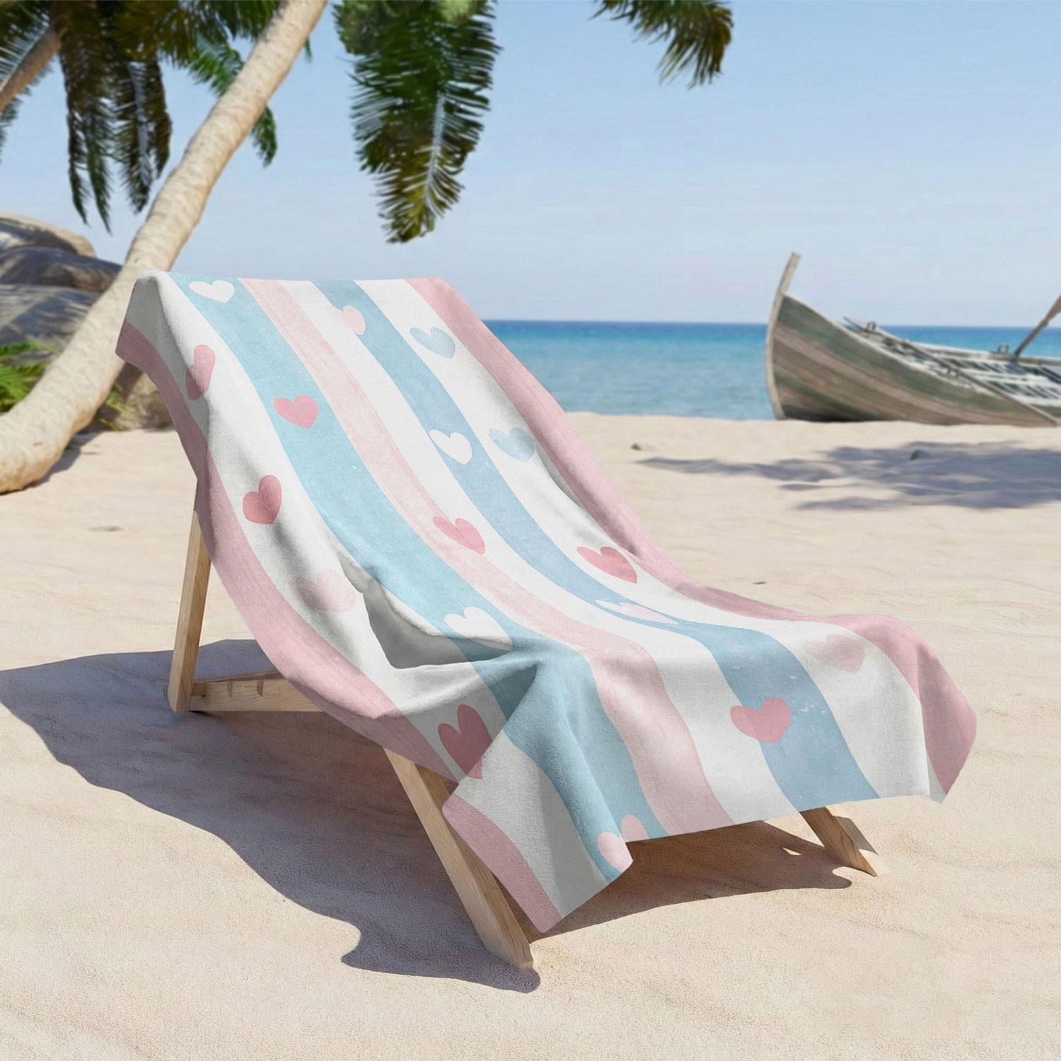 1pc Blue Striped Heart Print Beach Towel, Quick-Dry Sand-Free Ultra-Fine Fiber Bath Towel, Cute Heart Pattern Absorbent Towel