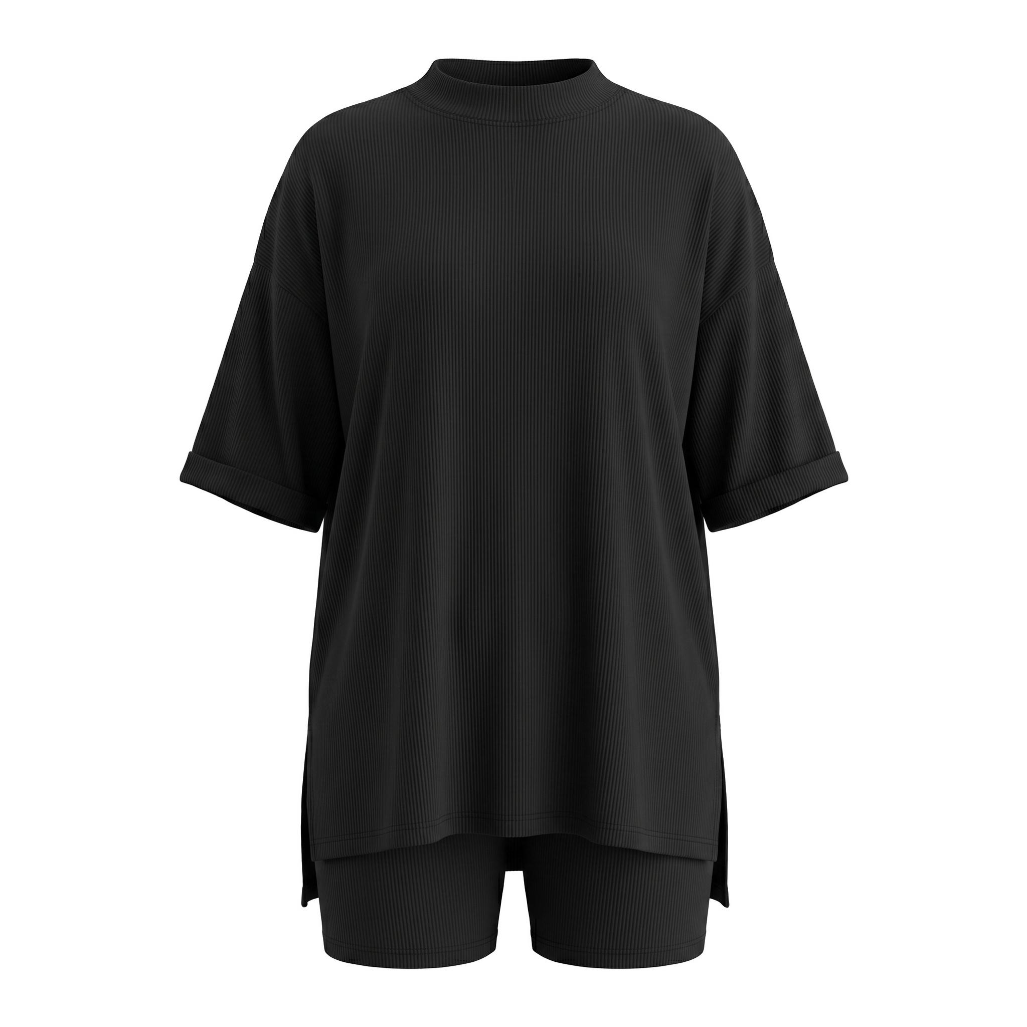 Crewneck Two-Piece Set For Women Summer Casual Oversized Split Hem Shirts & Side Pocket Biker Shorts Minimalist Lounge Wear Soft Viscose Fabric Comfy Homewear Cozy