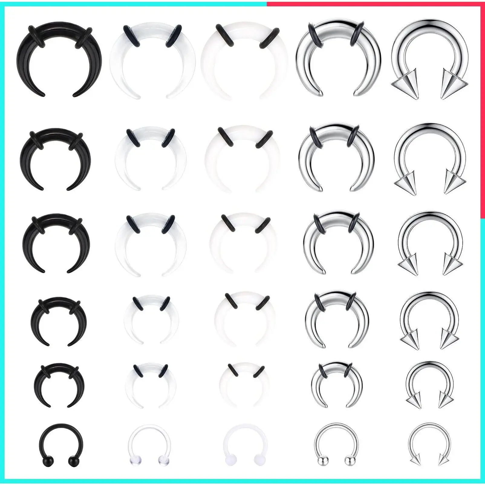 30Pcs Septum Stretching Kit 16G-6G Acrylic Stainless Steel Pincher Tapers Horseshoe C-Shape Rings Nose Ear Cartilage Piercing Jewelry for Women & Men