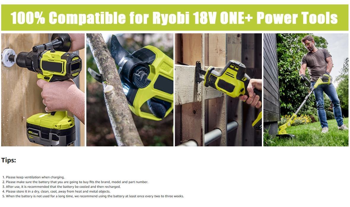 2 Packs 6Ah/8Ah Lithium-ion Replacement Battery for Ryobi 18V Battery Compatible for Ryobi 18-Volt Cordless Power Tools 2 Packs 6Ah/8Ah Lithium-ion Replacement Battery for Ryobi 18V Battery Compatible for Ryobi 18-Volt Cordless Power Tools