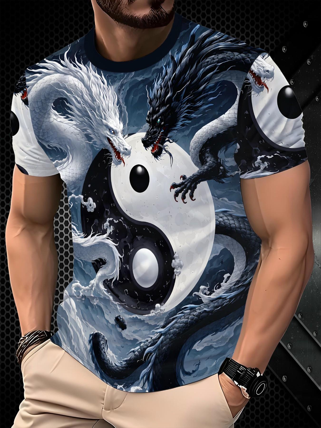 Unisex Quick-Dry Short Sleeve Jersey, Tai Chi & Dragon Design, Casual Fitted Top, Soft Material, Ideal for Outdoor Activities