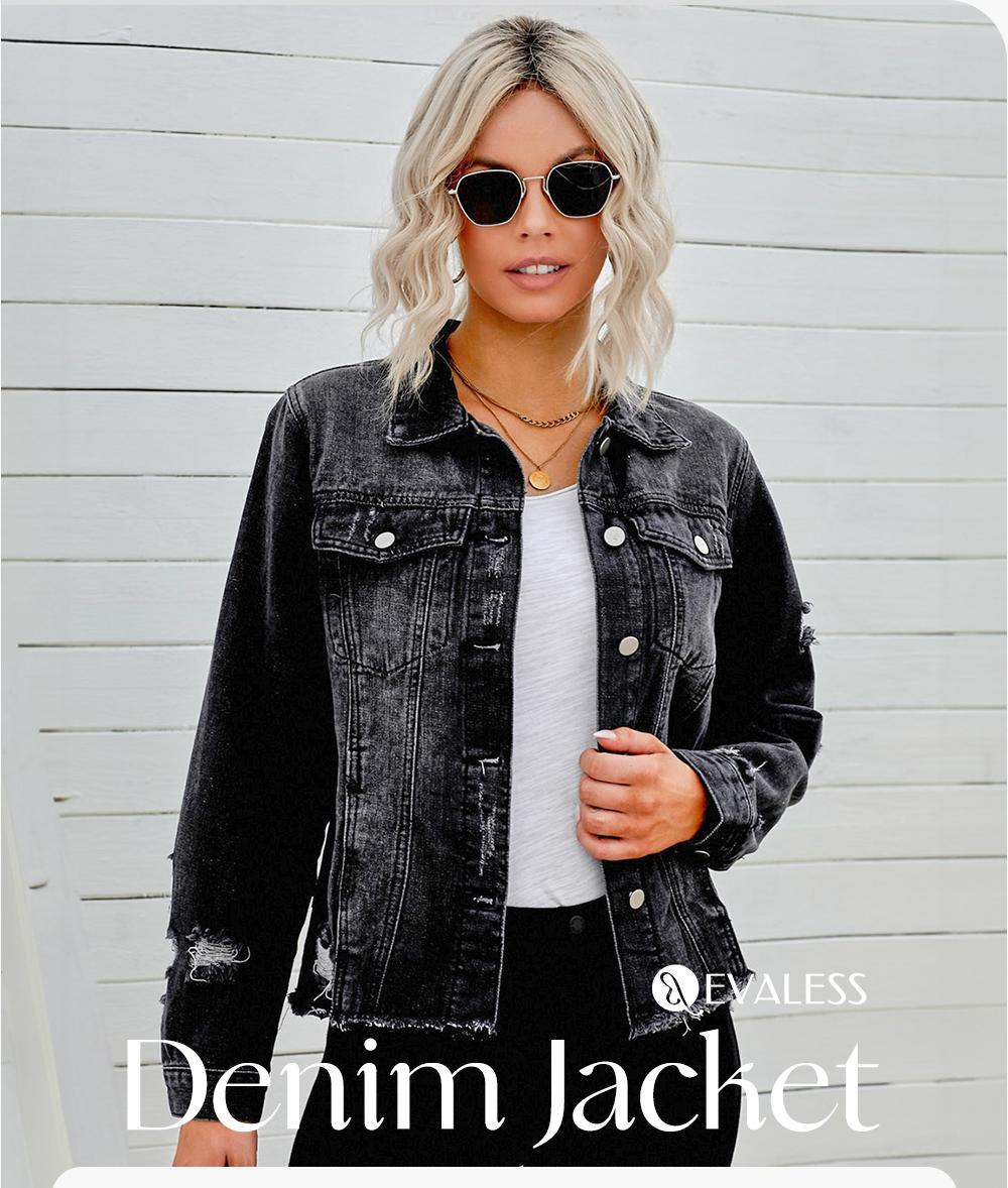 EVALESS Women's Casual Short Jean Jackets Non Stretch Distressed Ripped Boyfriend Washed Coats Lapel Long Sleeve Denim Jacket Outwear Tops 2026 Womenswear Spring Winter Outfits