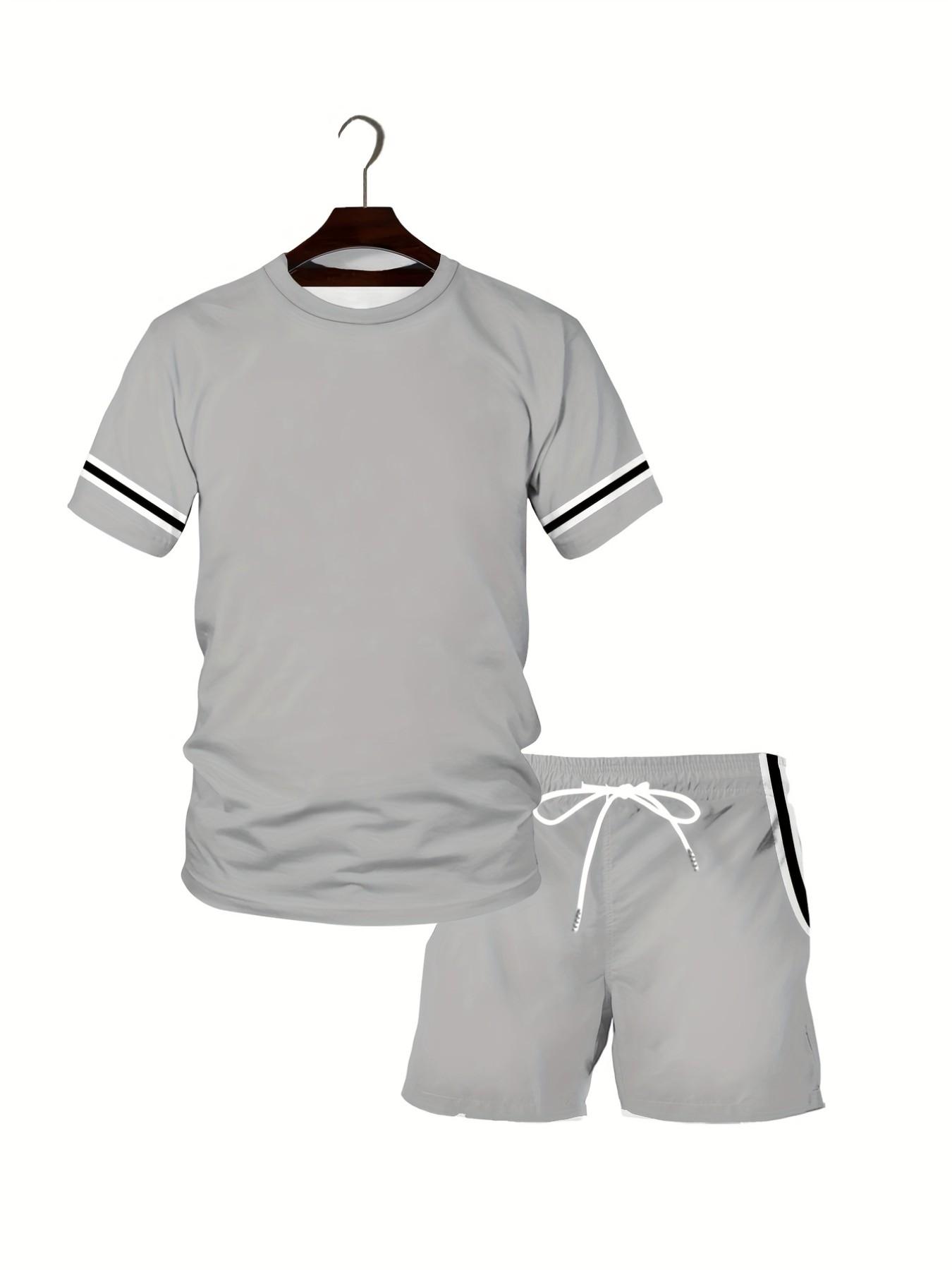 Men's Plus Size Striped Short Sleeve Tee and Shorts Matching Set, Loose Fit Round Neck, Casual Breathable Sports Wear, American Campus Style