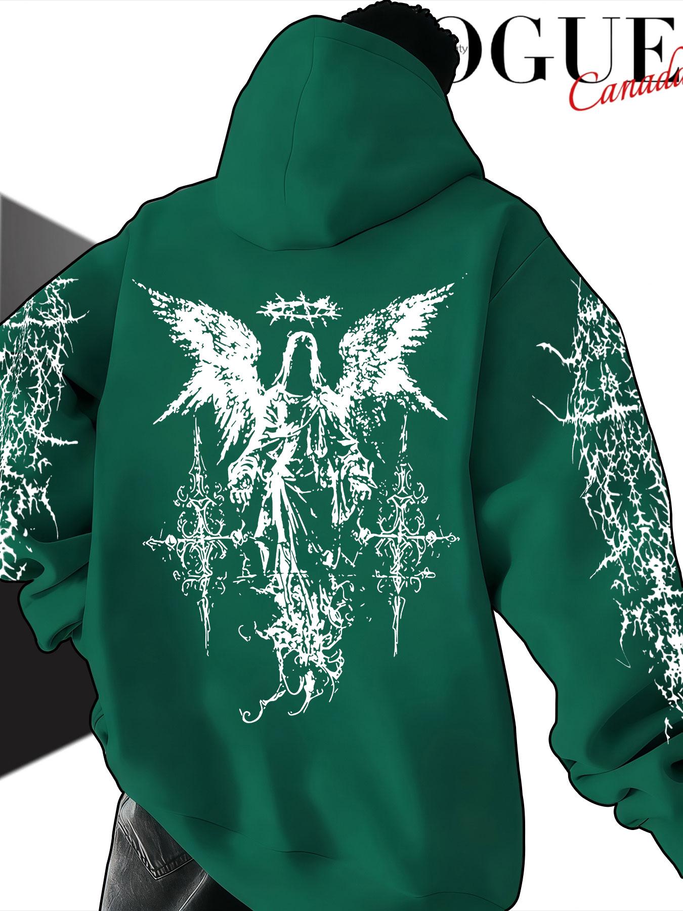 Men's Hooded Sweatshirt Fall Winter, Thorns Angel Cross Print, Gothic Style Loose Fit, Casual Random Pattern, Non-Outer Vest