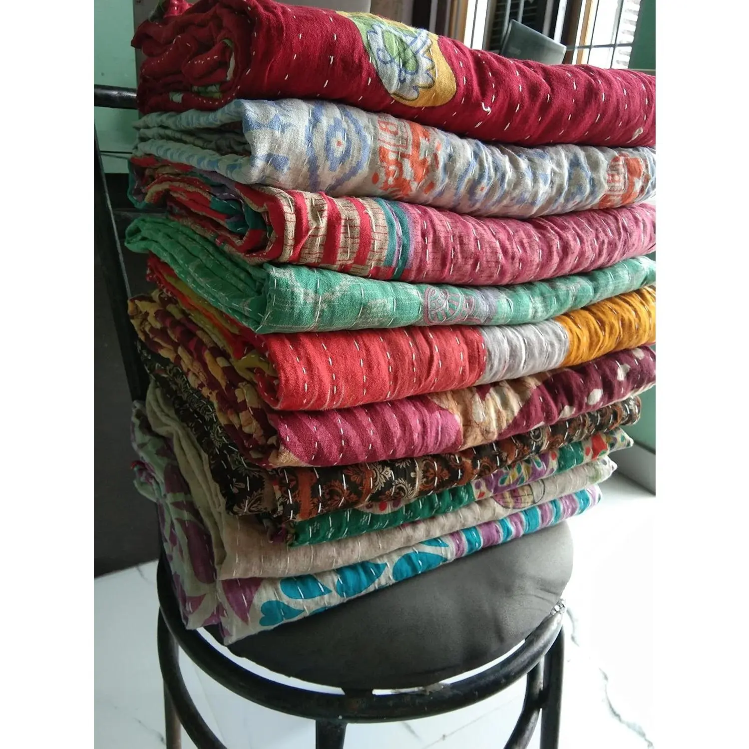 Vintage Handmade Kantha Quilt Tribal Cotton Bed Cover Throw with Assorted Patches Reversible Bedspread Cotton Sari Patchwork Blanket