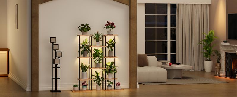 Minimalist Indoor Plant Stand with Grow Lights, 40" Tall 6 Tiered Metal Shelf, Artistic Corner Plant Holder, Organiser for Pots and Flowers, Living Room&Patio Display Rack, Perfect Gift, Easy Installation, Baking Shelves, Outdoors&Indoors, Painted Finish