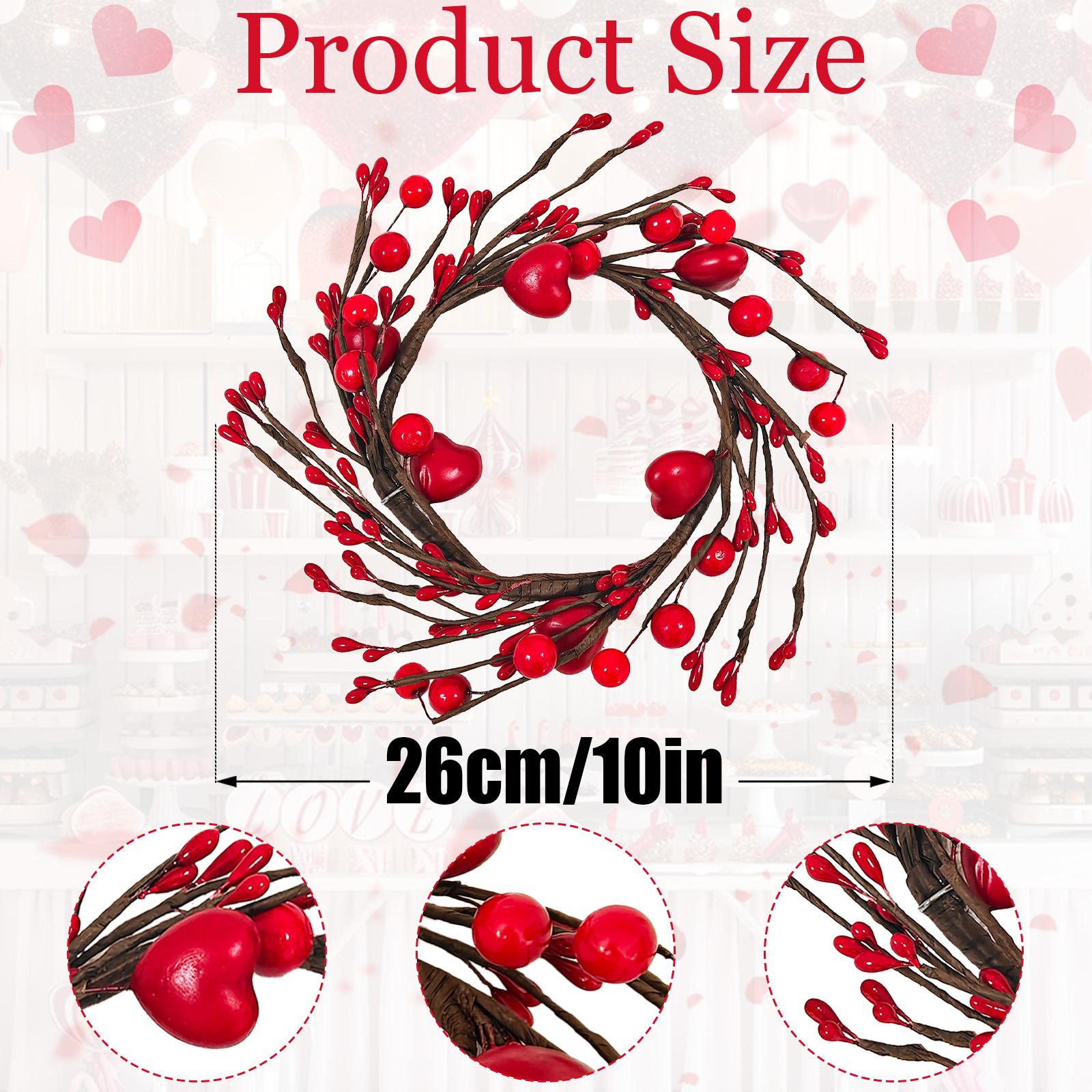10-inch Valentine's Day wreath candlestick with small wreaths featuring red and pink hearts; suitable for dining table, window, and home Valentine's Day decorations, Home Decor Ornaments