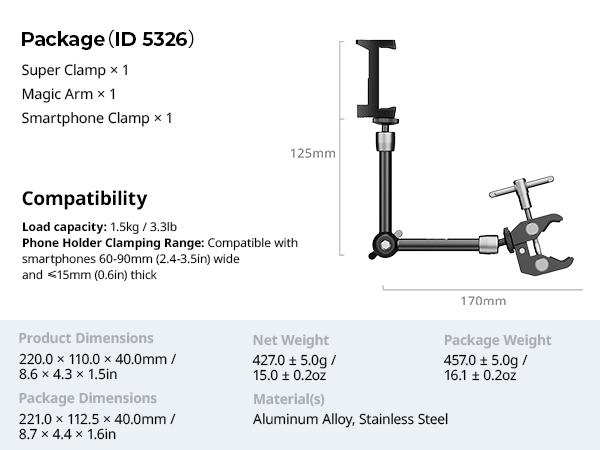 SmallRig Clamp w/ 1/4" and 3/8" Thread Holes, 9.8 Inches Adjustable Friction Power Articulating Magic Arm with Phone Holder for iphone17 Pro/MAX,Action Cameras, Smartphones, LCD Monitor/LED Lights - 5326