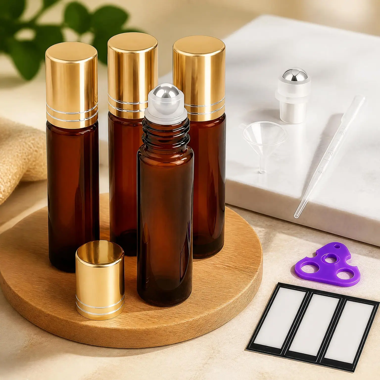 4 Pack 10ml Amber Glass Roller Bottles for Essential Oils, Leak-Proof Roll On Bottles with Stainless Steel Roller Ball, Refillable Travel Perfume Empty Bottles, Beauty & Personal CareGift