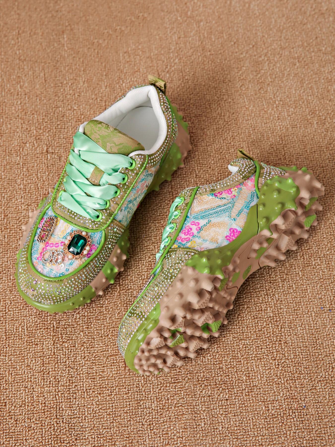 2026 Spring Heavy-Duty Embellished Dad Shoes for Women, Breathable Mesh Thick Sole Casual Sports Shoes, Comfortable and Stylish Footwear