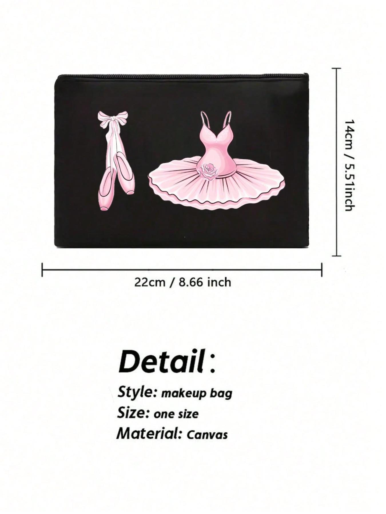 Ballet Pattern Women's Black Makeup Storage Bag, Handbag, Zippered Canvas Bag, Cute Retro Ballet Skirt, Dance Shoes, Rose Element, Bow Element, Vacation Bag, Large Capacity Storage Bag,
