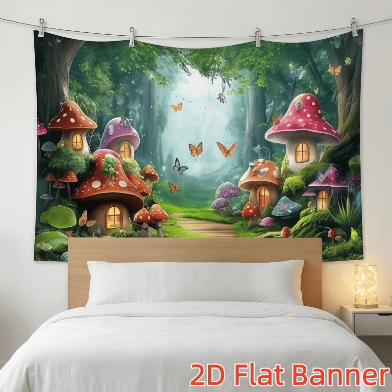 1PC,2D Flat Customize Backdrop Fantasy Forest Mushroom House Decorative Backdrop, Fairy - tale Style with Butterflies and Green Plants Scene, for Festival Party, Birthday and Photography, a Decorat