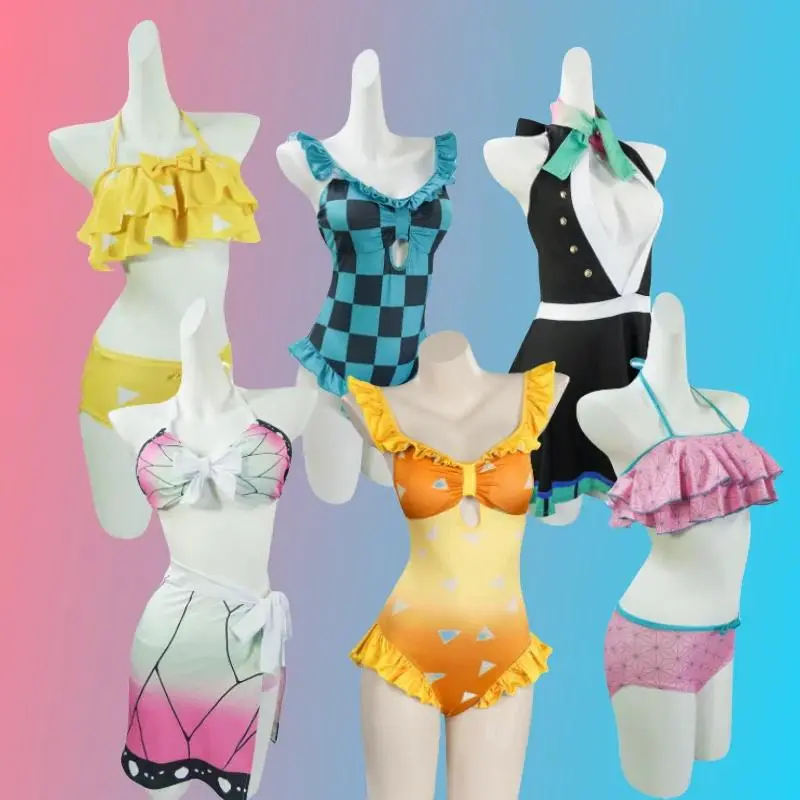 Anime Kamado Kanroji Cosplay Nezuko Mitsuri Swimwear Costumes Sexy Bikinis for Woman Girls Summer Swimsuit Pool Carnival Party