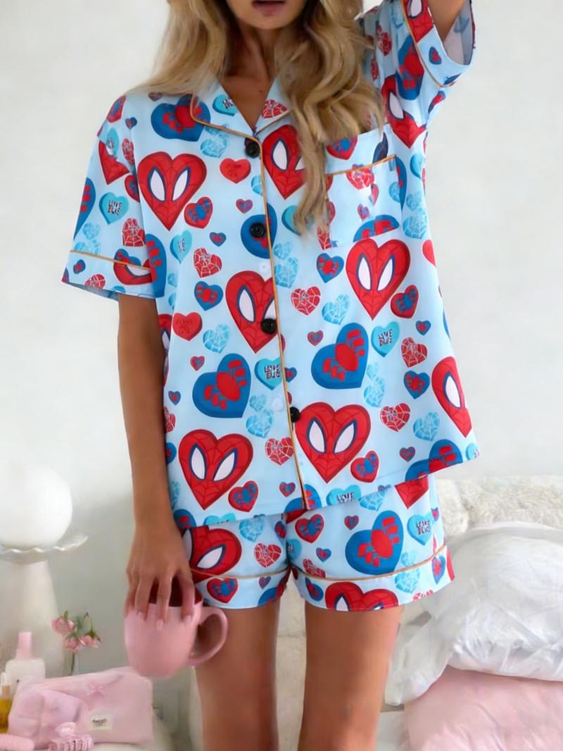 2-piece Valentine's Day Women's Blue Bottom Full of Spider Web Love Spider Love Cartoon Character Pattern Printed Short Sleeve Shorts Soft and Comfortable Top Small Pocket Elastic Waist Head Suitable for Four Seasons Home Daily Casual Pajama Set