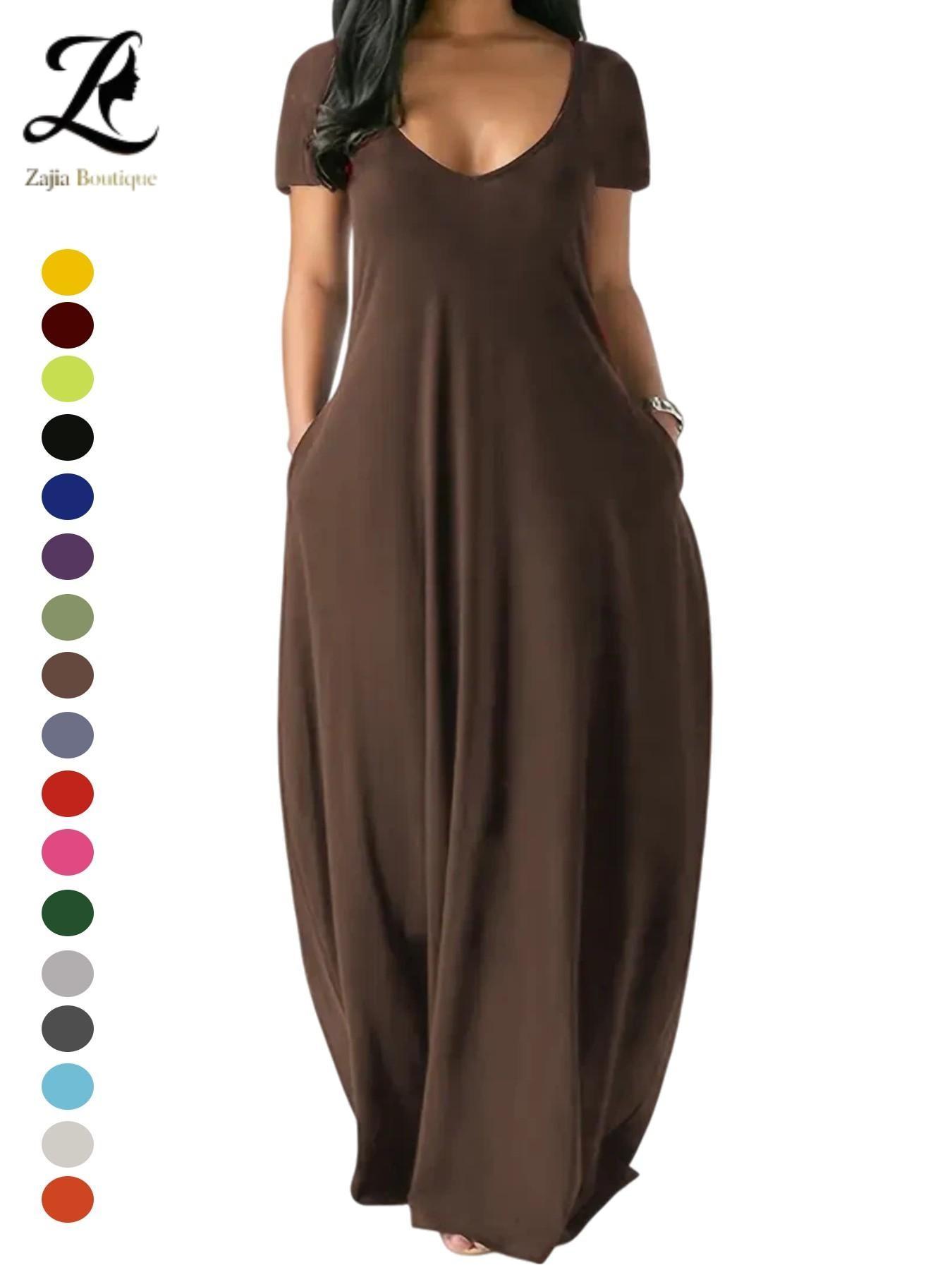 Women's Long Dress 2026, Coffee Color Everyday Casual Round Neck Short Sleeve Pockets Sleepwear, Soft Comfortable All-Season Dress