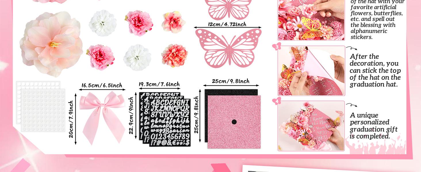 55 Pcs Pink DIY Graduation Cap Decorations Faux Assorted Flowers Pink Bows 3D Butterfly Stickers Glitter Alphabet Letter Number Decals for DIY Hat Grad Cap Topper Graduation Party Supplies