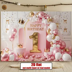 2D polyester fabric banner - "Happy Birthday" one-year celebration background, featuring a golden crown and balloons, pink and gold decorations, suitable for family, room, wall or party supplies wwx