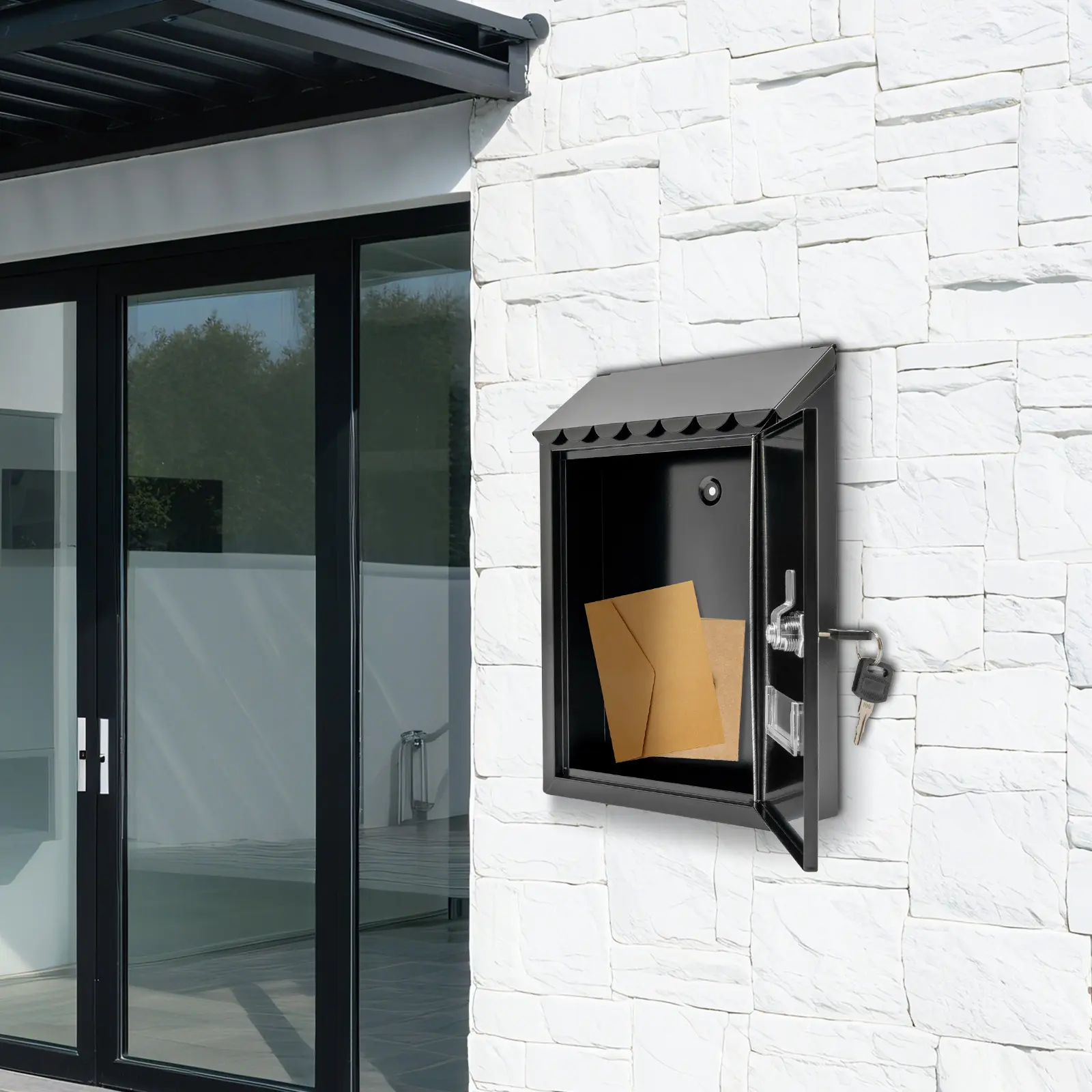 Wall Mount Mailbox 30cm Black Iron for Home Apartment Office Letter Key Storage Use