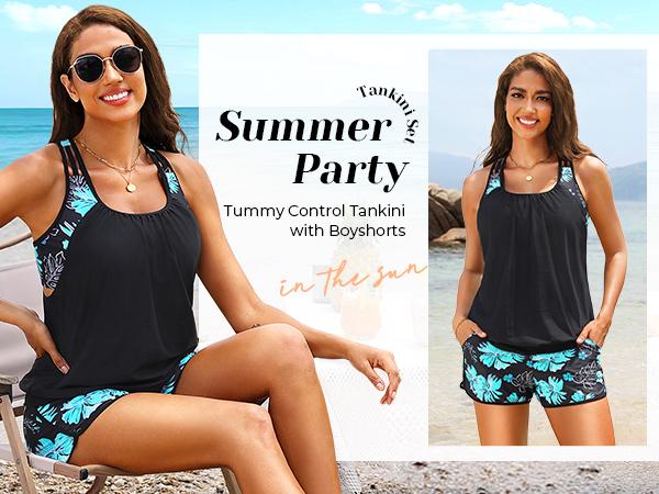 Tempt Me Women Tankini Swimsuits with Shorts - Two Piece Tummy Control Blouson Tankini with Two Pockets Bottom Bathing Suit Tempt Me Women Tankini Swimsuits with Shorts - Two Piece Tummy Control Blouson Tankini with Two Pockets Bottom Bathing Suit