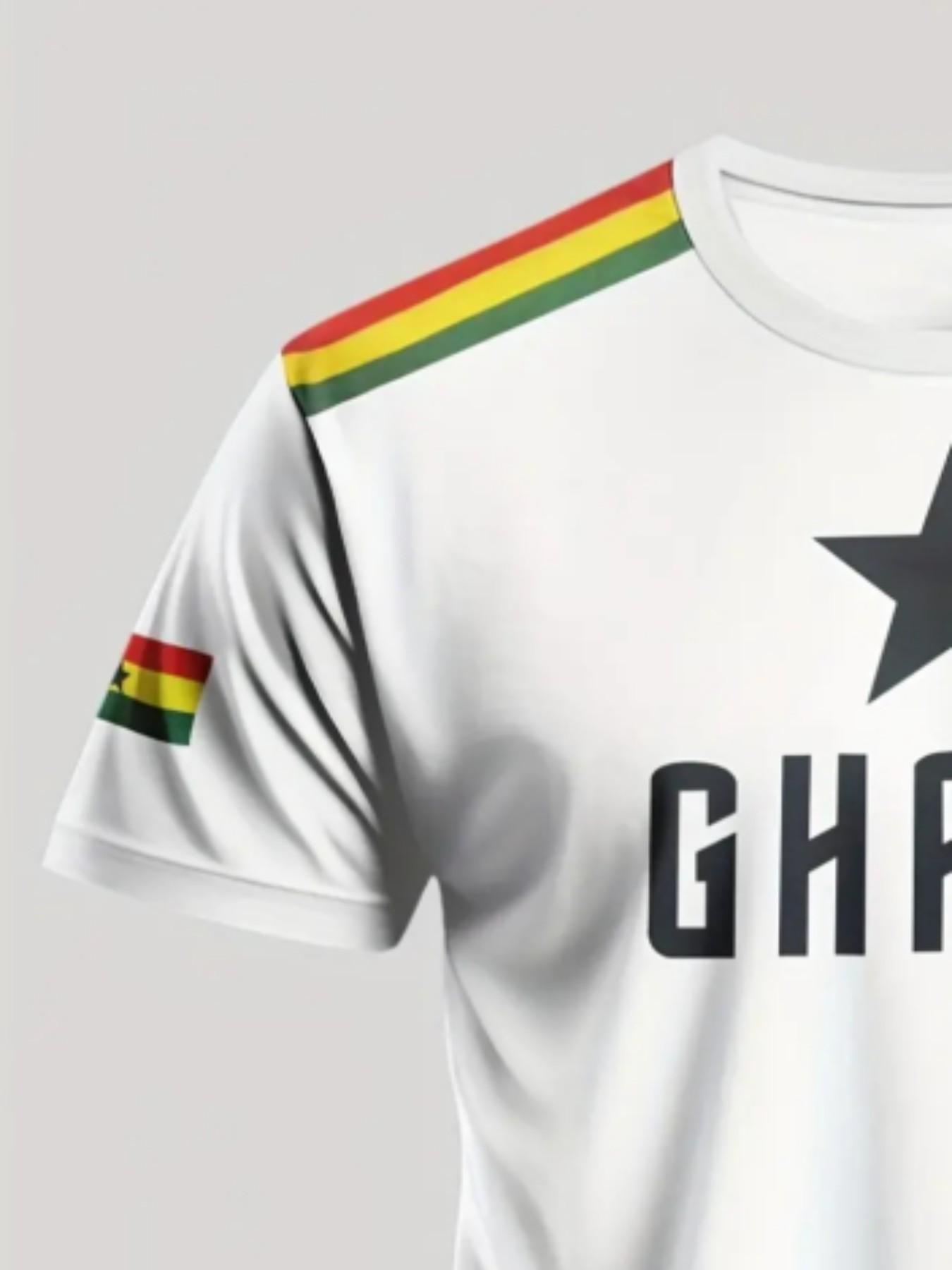 Men's Ghana Stars Football T-Shirt, Ghana National Team Street Style Round Neck Short Sleeve Top, Sporty Loose-Fit Geometric Pattern