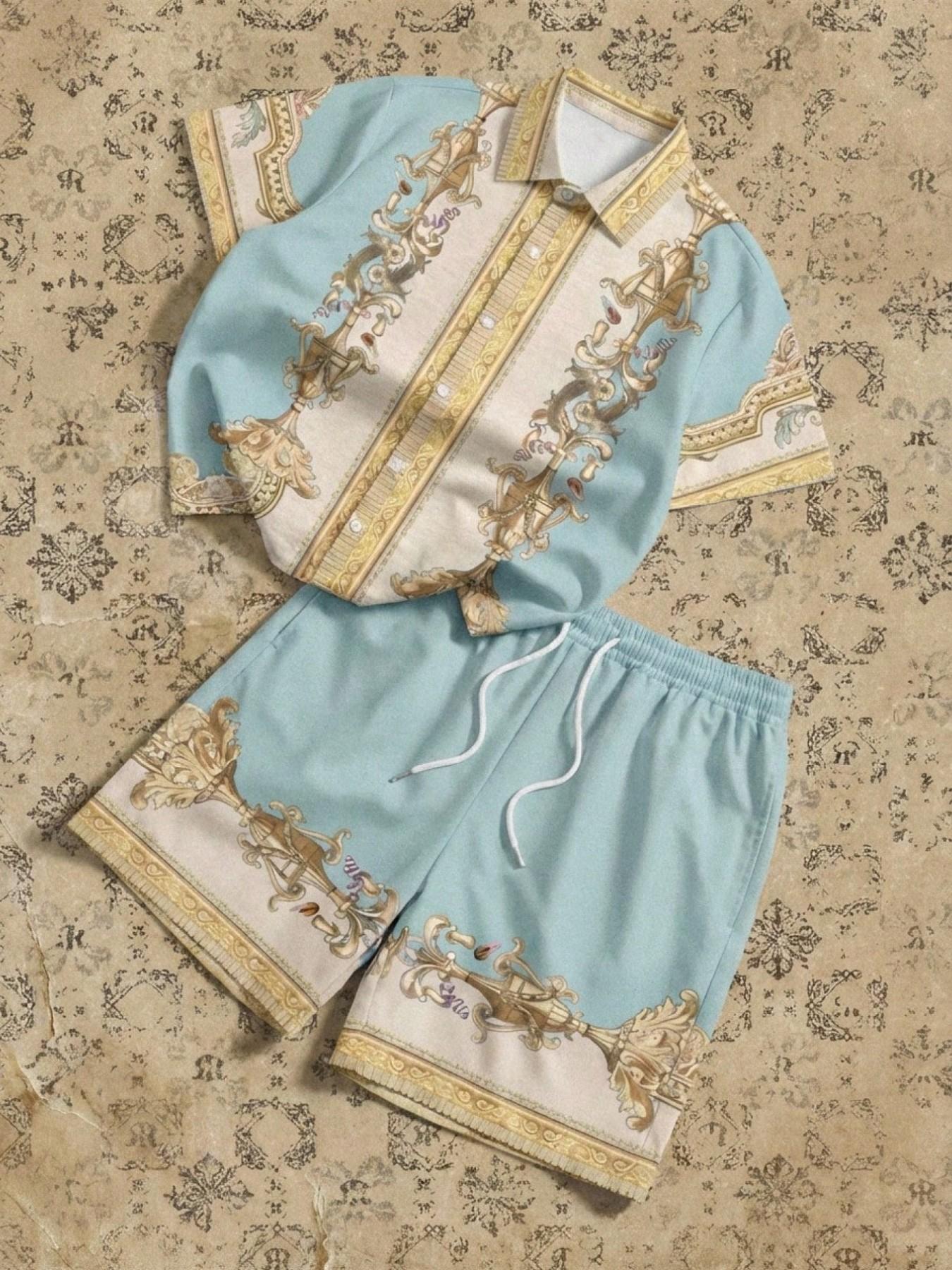 Men's Light Blue Baroque Scroll Two-Piece Set, Vintage Floral Vase Print Collar Shirt + Drawstring Shorts, Casual Loose-Fit All-Season