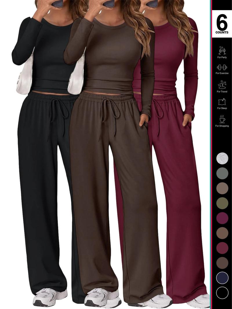 Women's 2 Piece Matching Lounge Set Long Sleeve Slightly Crop Top Wide Leg Pants Casual Sweatsuit 2026