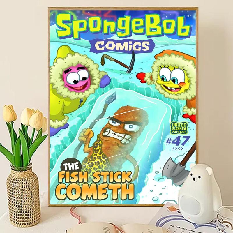Animated Cartoon S-Sponge-Bob Poster Sticky Wall Art Printing Waterproof Modern Aesthetic Home Living Bedroom Decor Trendy Room Decoration Gift Durable High Quality