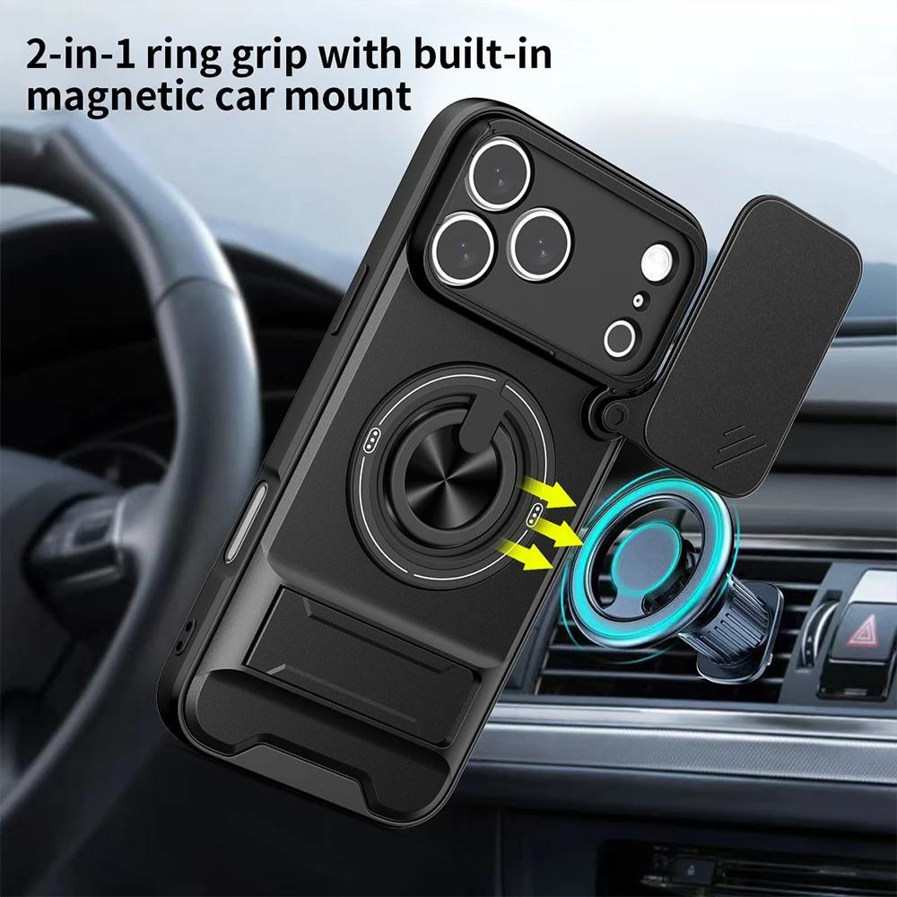 Phone Case: 3pcs Set[1 Phone Case+2 Screen Protectors] Luxury Multi-Functional Creative Push Window Rotating Ring Stand Phone Case Compatible with iPhone 17 16 15 14 13 12 11 Pro Max Plus Durable Fashion Magnetic Wireless Charging Shockproof Lens