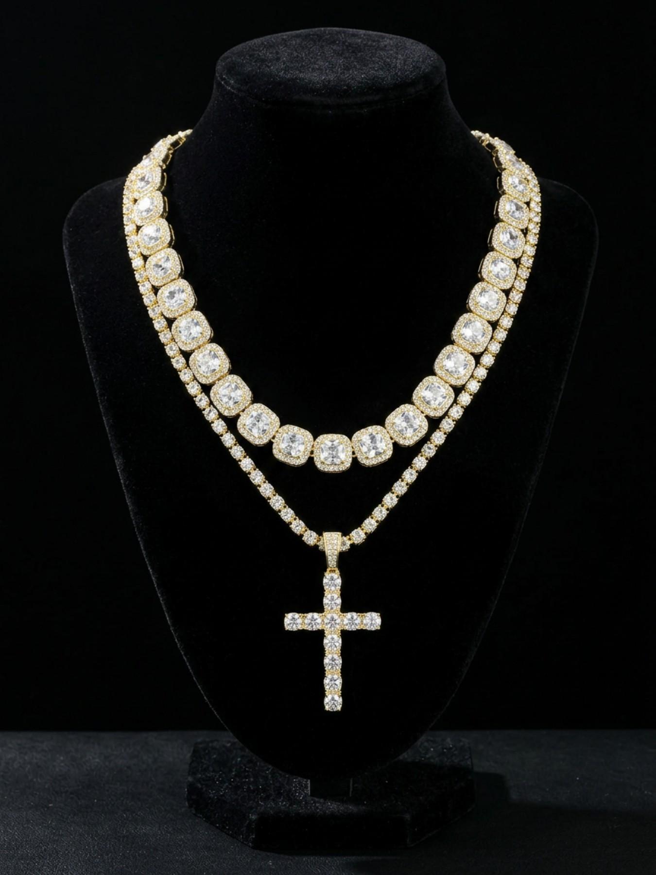 Fashionable and simple cross pendant with square diamond Cuban chain set, moissanite European and American hip-hop style necklace pendant, gold and silver chain necklace, ice diamond tennis festival necklace jewelry set