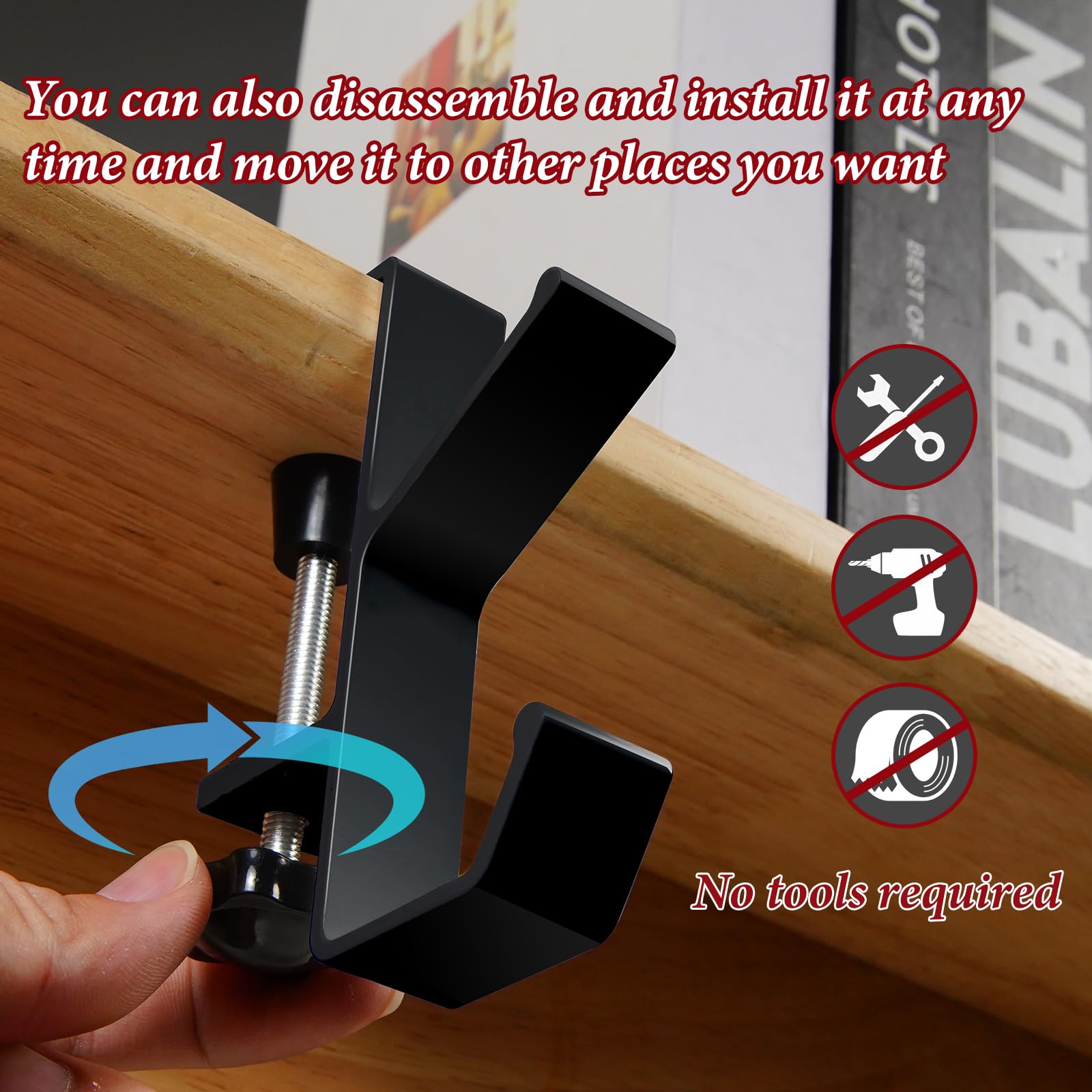 Adjustable Desk Edge Hooks Set of 4, Storage Solution, Portable Headphone Holder, Christmas Decorations Hanger, Backpack Hook, Space Saving Organizer