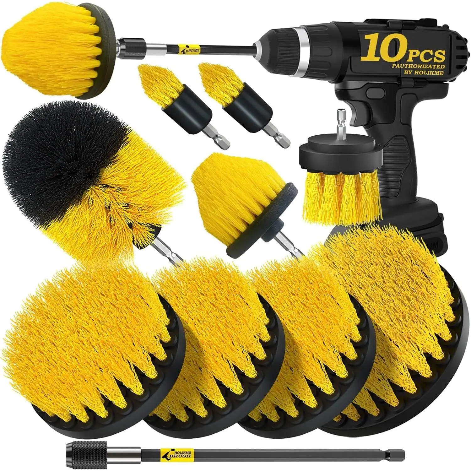 10Pieces Drill Brush Attachments Set, Power Scrubber Brush with Extend Long Attachment，Scrub Brush，Shower Scrubber，Cleaning Supplies,Yellow