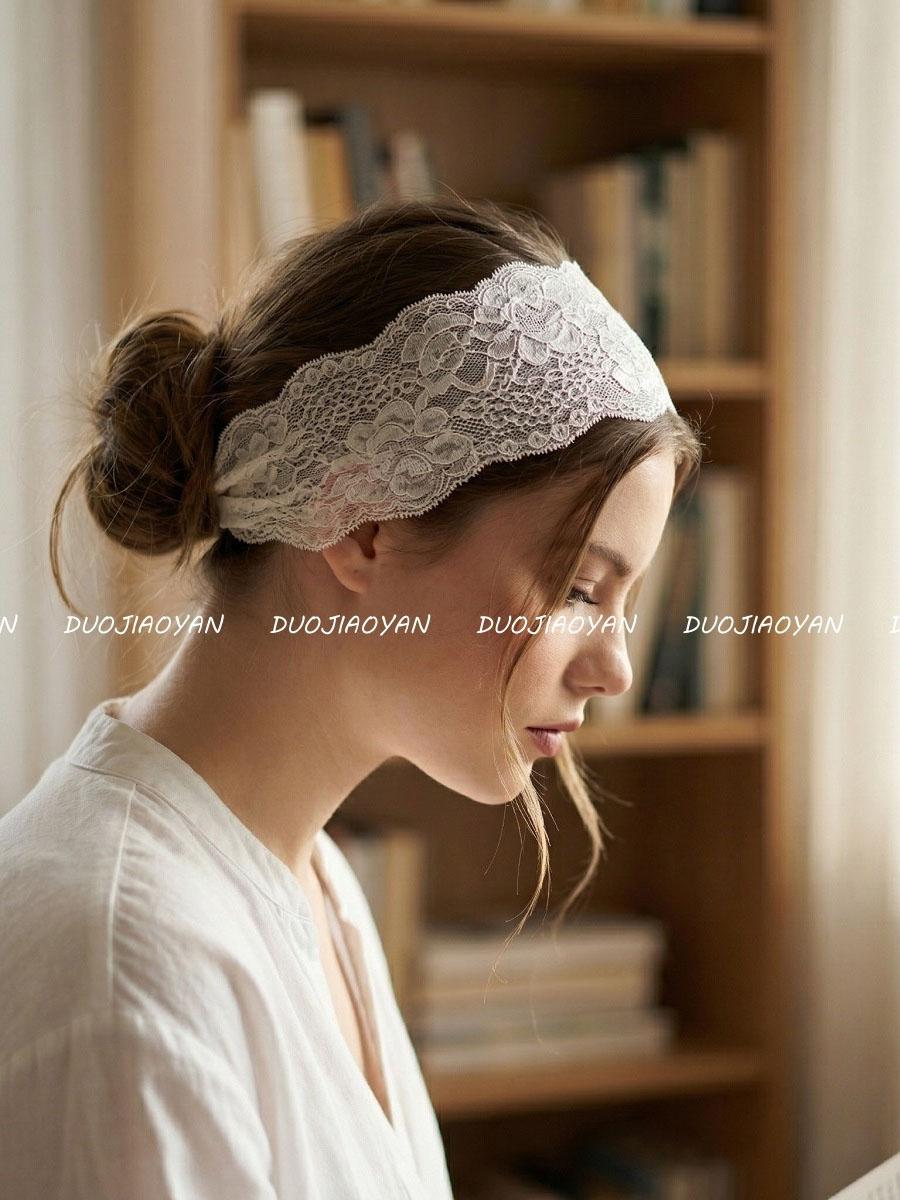 Summer Solid Color Lace Headband, Elegant French Vintage Trim Scarf, Fashion Beach Photo Accessory, 1pc Hollow Out Design
