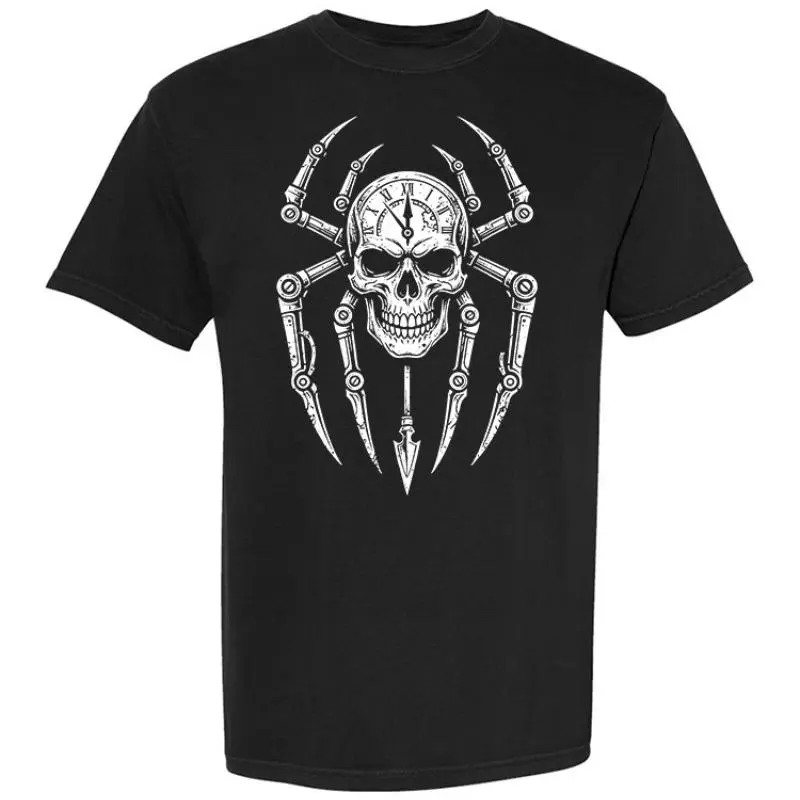 Men's Steampunk Skull Clock Mechanical Spider Graphic Oversized Loose Fit T-Shirt - Menswear Tops, Round Neck Short-Sleeve Soft Cotton Unisex Gothic Dark Punk Streetwear, All Seasons Casual Halloween Tee