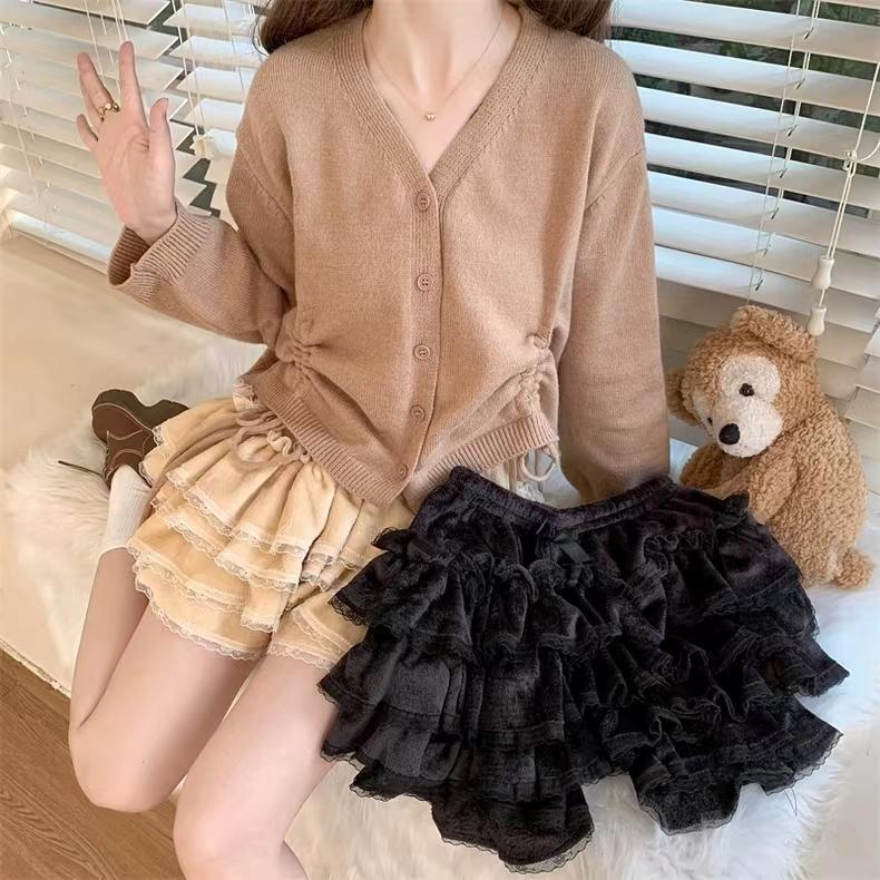 Autumn Winter Warm Lolita Safety Short Pants Women Sweet Chic Plush Bloomers Japanese Y2k Lace Bow Knickers Harajuku Cute Shorts