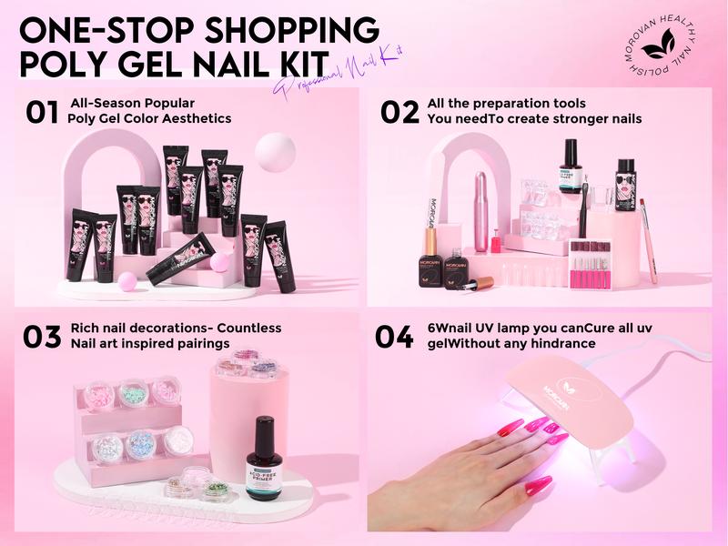 Morovan Poly Gel Nail Kit: with 5 Colors and UV Lamp Poly Gel Starter Kit With Slip Solution Base Coat and Top Coat Nail Extension Gel