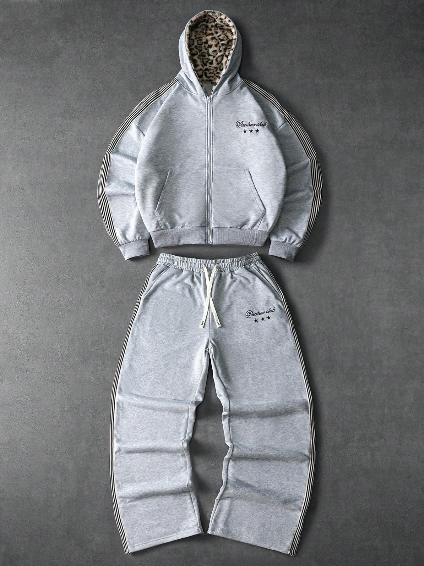 Men's Loose Hoodie and Wide Leg Jogger Set, Leopard Print Embroidery, Casual Comfortable Fit, Spring & Fall Home Wear